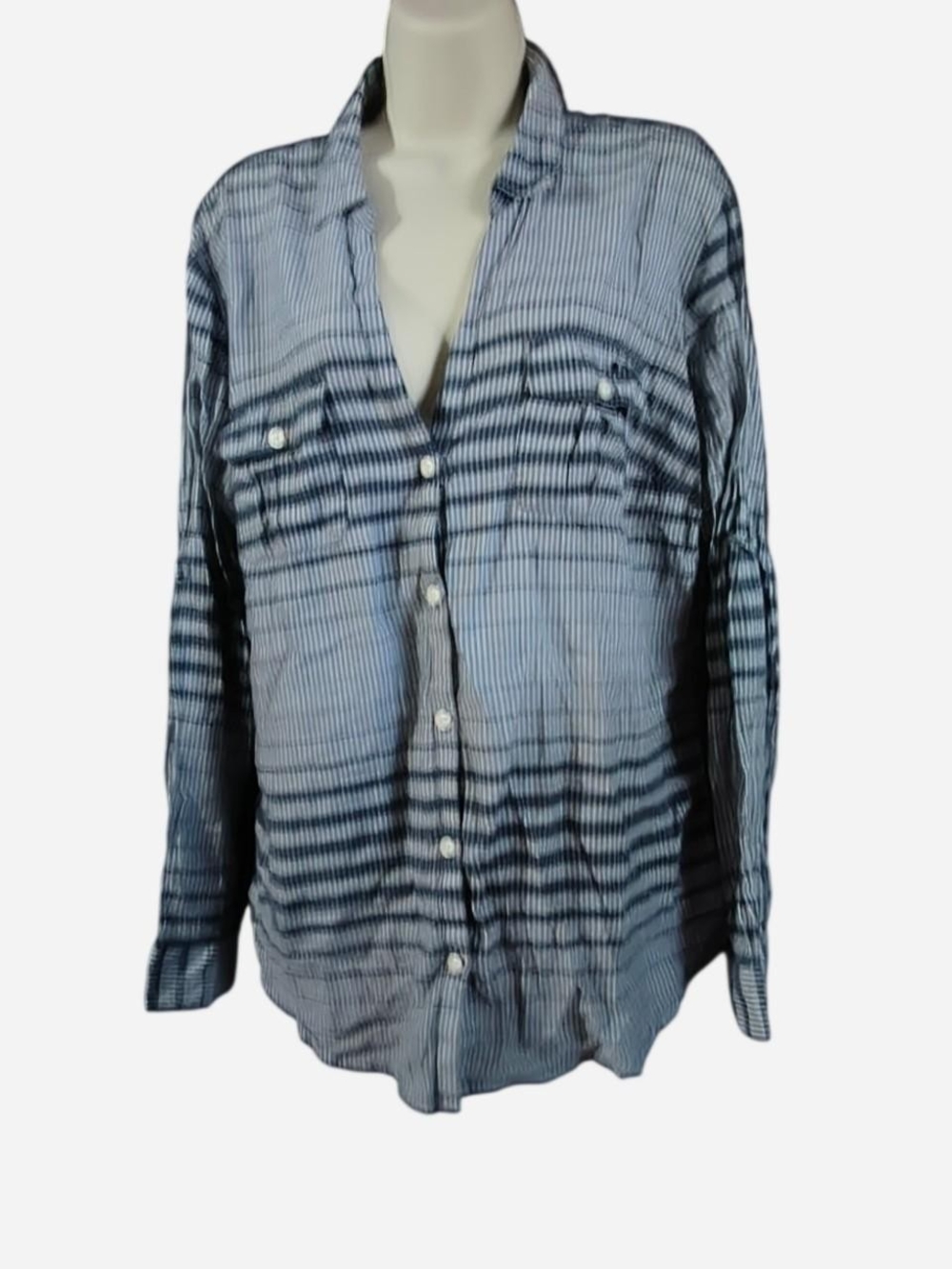 Striped Blue Button-Down Shirt with Chest Pockets